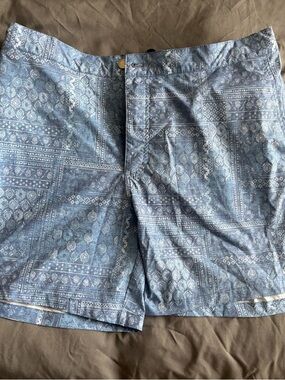 Peter Millar Light Blue Printed Swim Shorts with Navy Trim. Large. 6in inseam